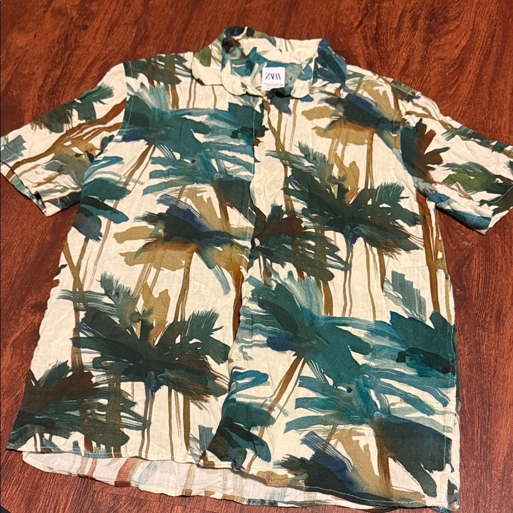 Zara Men's Palm Print Shirt - Teal and Brown